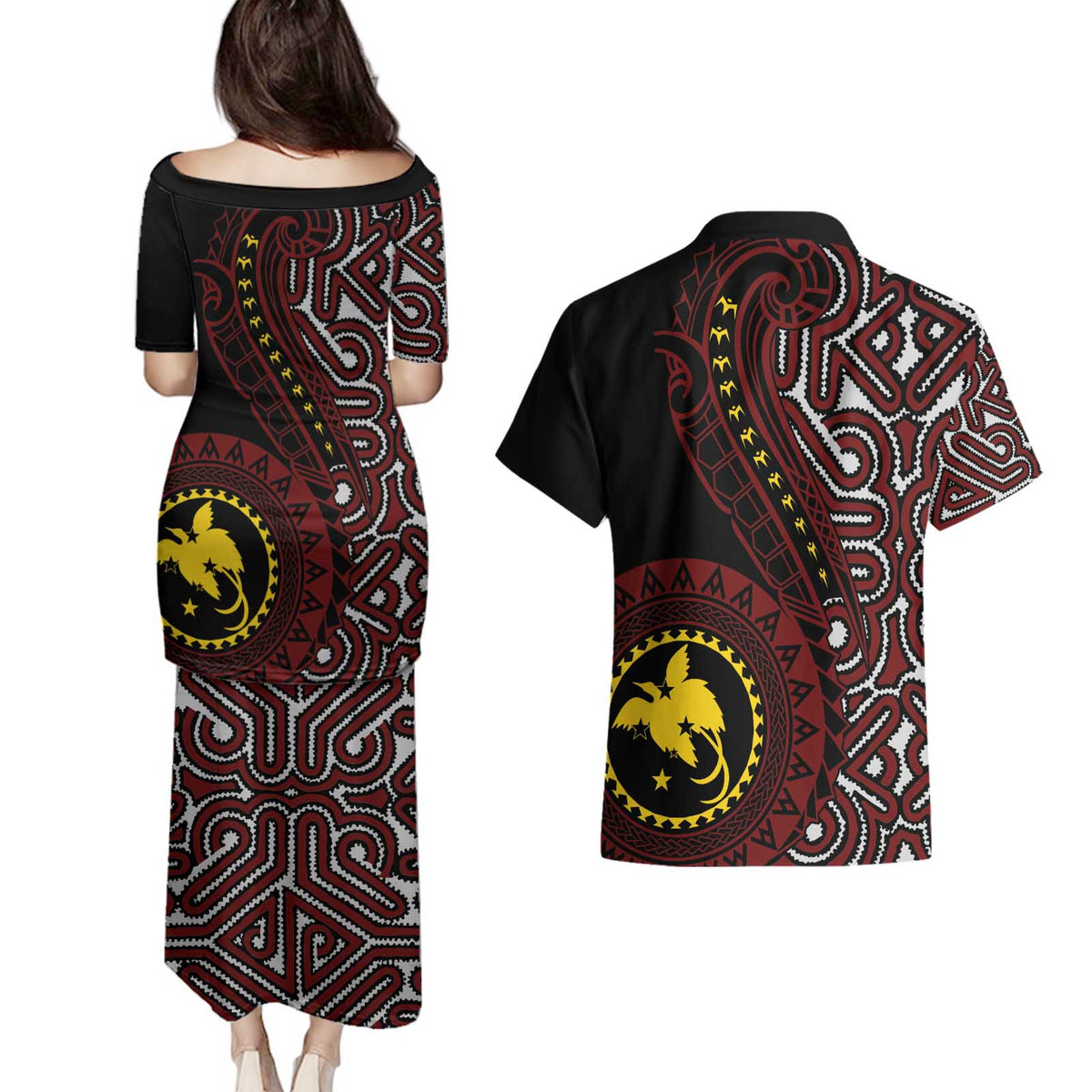 Papua New Guinea Oro Tapa Motif Couples Matching Puletasi and Hawaiian Shirt Special
