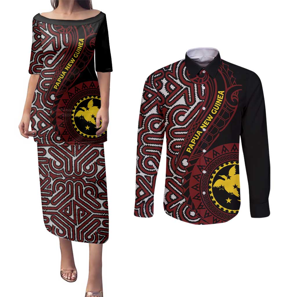 Papua New Guinea Oro Tapa Motif Couples Matching Puletasi and Long Sleeve Button Shirt Special LT7 Black - Polynesian Pride