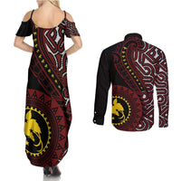 Papua New Guinea Oro Tapa Motif Couples Matching Summer Maxi Dress and Long Sleeve Button Shirt Special LT7 - Polynesian Pride