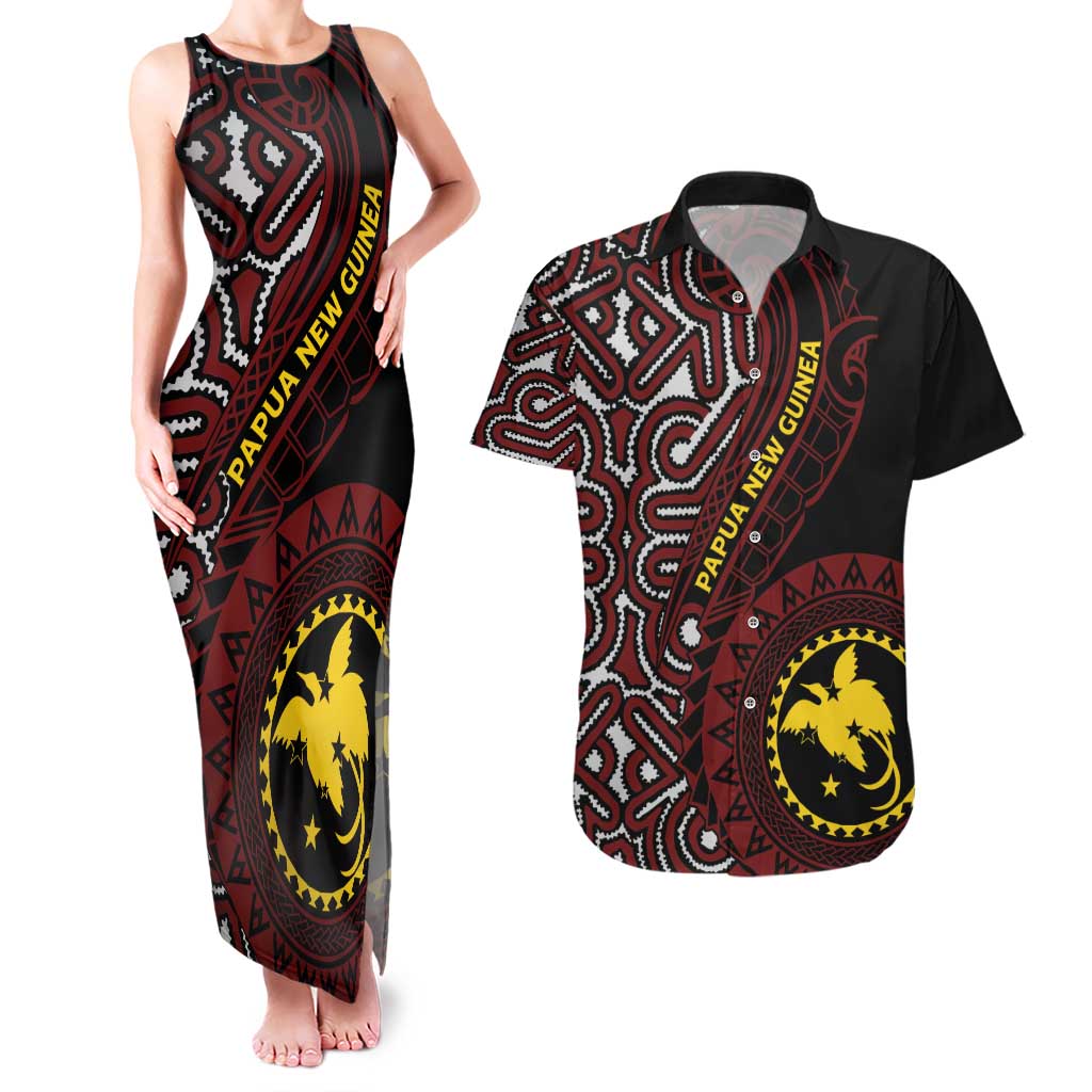 Papua New Guinea Oro Tapa Motif Couples Matching Tank Maxi Dress and Hawaiian Shirt Special LT7 Black - Polynesian Pride