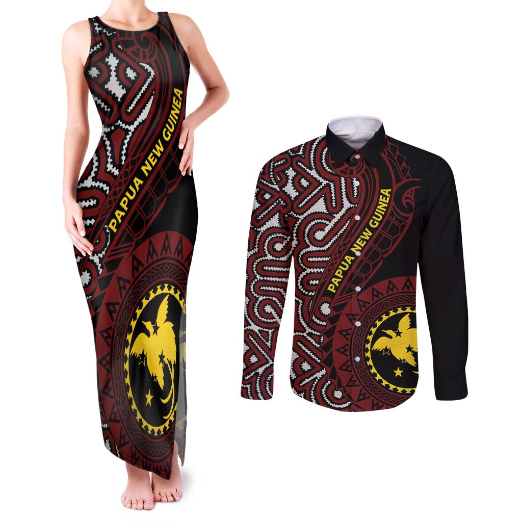 Papua New Guinea Oro Tapa Motif Couples Matching Tank Maxi Dress and Long Sleeve Button Shirt Special LT7 Black - Polynesian Pride