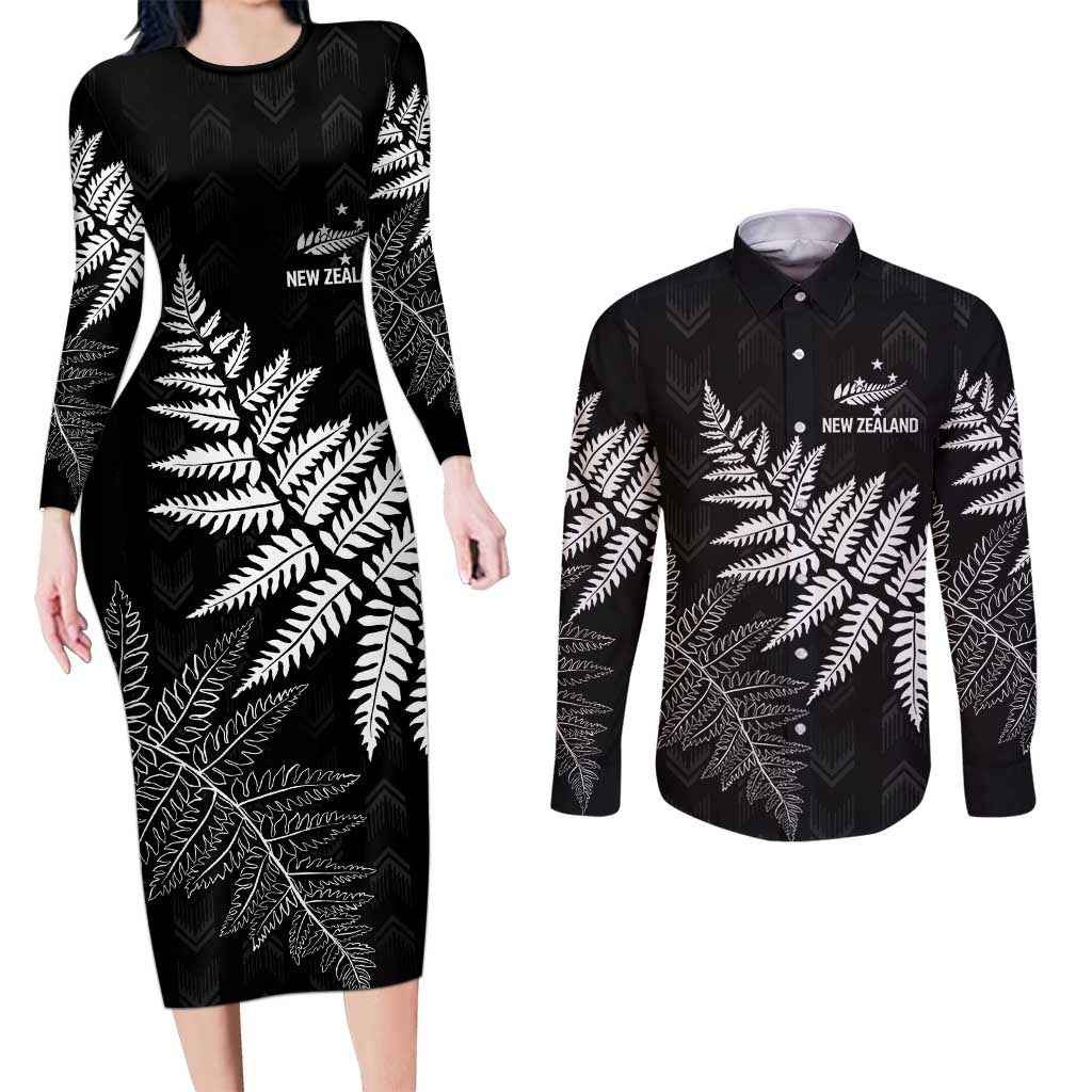 New Zealand Lawn Bowls Personalized Couples Matching Long Sleeve Bodycon Dress and Long Sleeve Button Shirt Wrap-Around Silver Fern - Polynesian Pride