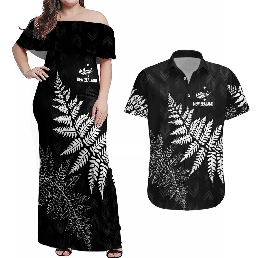 New Zealand Lawn Bowls Personalized Couples Matching Off Shoulder Maxi Dress and Hawaiian Shirt Wrap-Around Silver Fern - Polynesian Pride