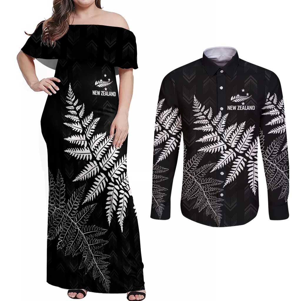 New Zealand Lawn Bowls Personalized Couples Matching Off Shoulder Maxi Dress and Long Sleeve Button Shirt Wrap-Around Silver Fern - Polynesian Pride