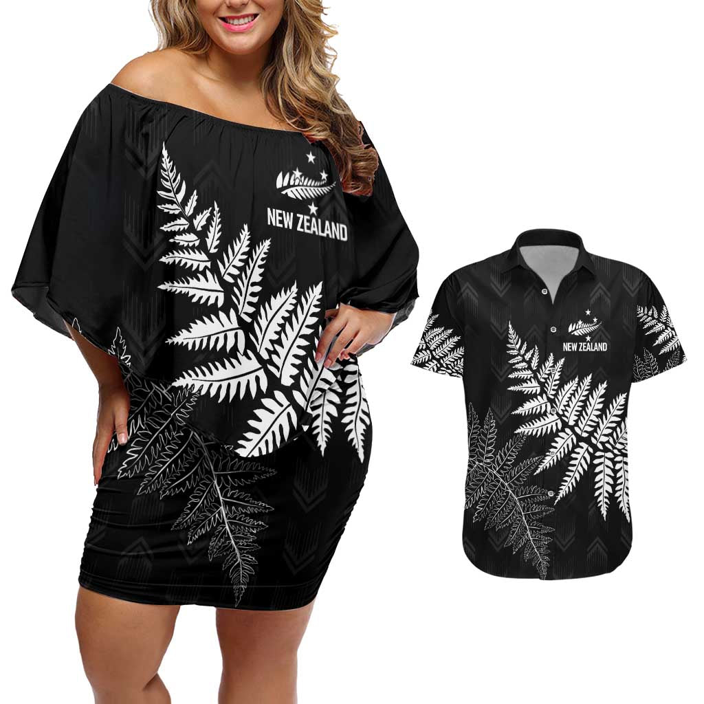 New Zealand Lawn Bowls Personalized Couples Matching Off Shoulder Short Dress and Hawaiian Shirt Wrap-Around Silver Fern - Polynesian Pride