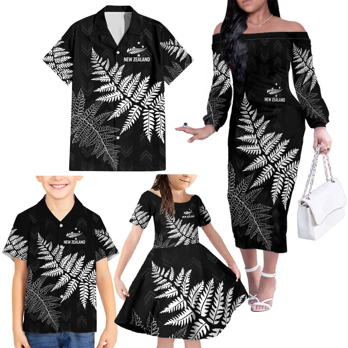 New Zealand Lawn Bowls Personalized Family Matching Off The Shoulder Long Sleeve Dress and Hawaiian Shirt Wrap-Around Silver Fern - Polynesian Pride