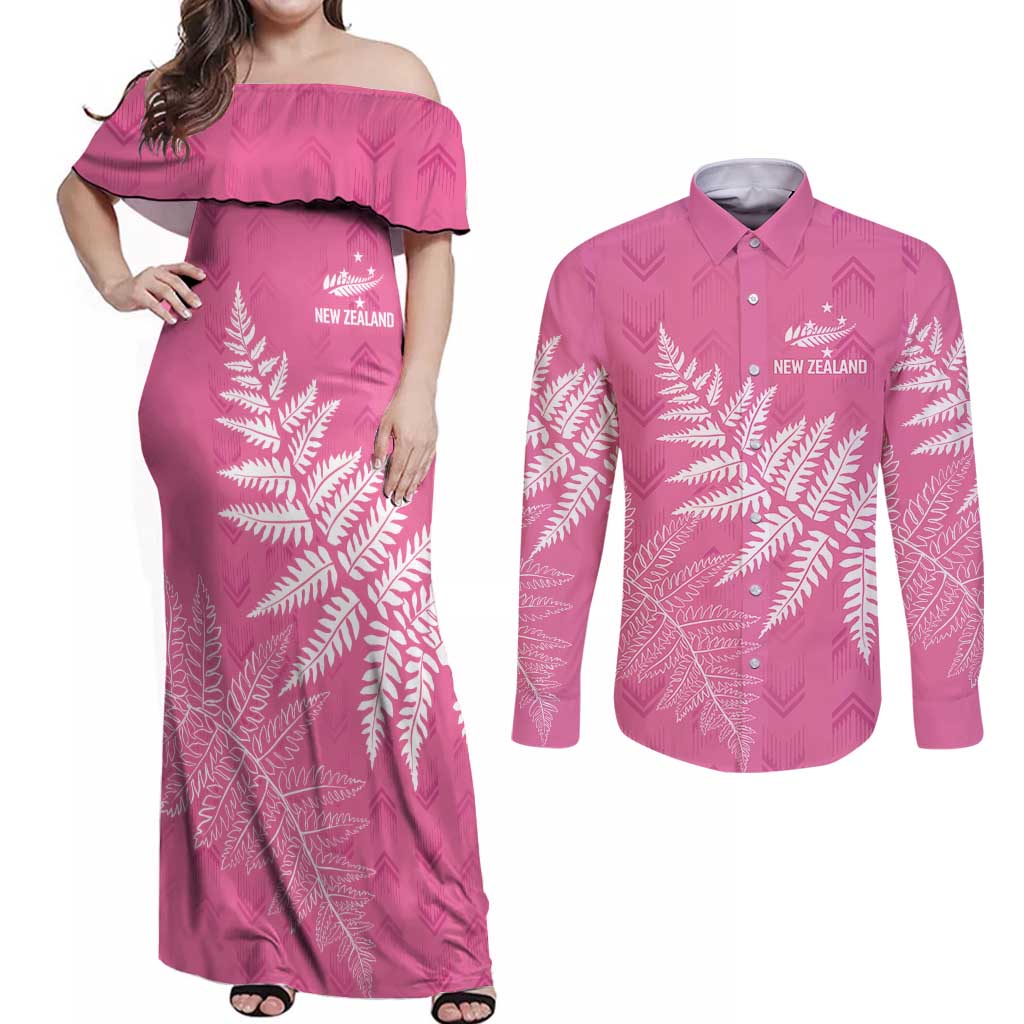 New Zealand Lawn Bowls Breast Cancer Personalized Couples Matching Off Shoulder Maxi Dress and Long Sleeve Button Shirt Wrap-Around Silver Fern - Polynesian Pride