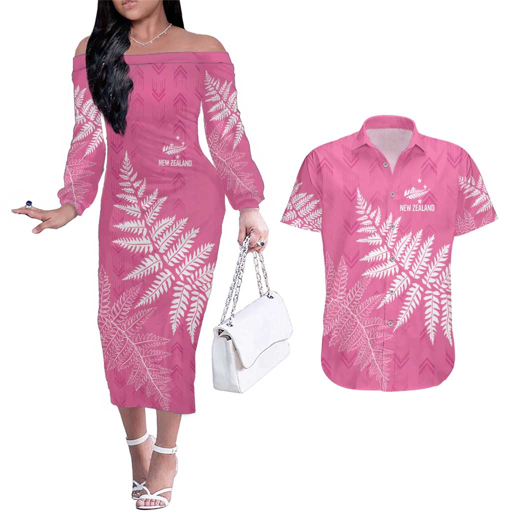 New Zealand Lawn Bowls Breast Cancer Personalized Couples Matching Off The Shoulder Long Sleeve Dress and Hawaiian Shirt Wrap-Around Silver Fern - Polynesian Pride