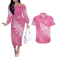 New Zealand Lawn Bowls Breast Cancer Personalized Couples Matching Off The Shoulder Long Sleeve Dress and Hawaiian Shirt Wrap-Around Silver Fern - Polynesian Pride