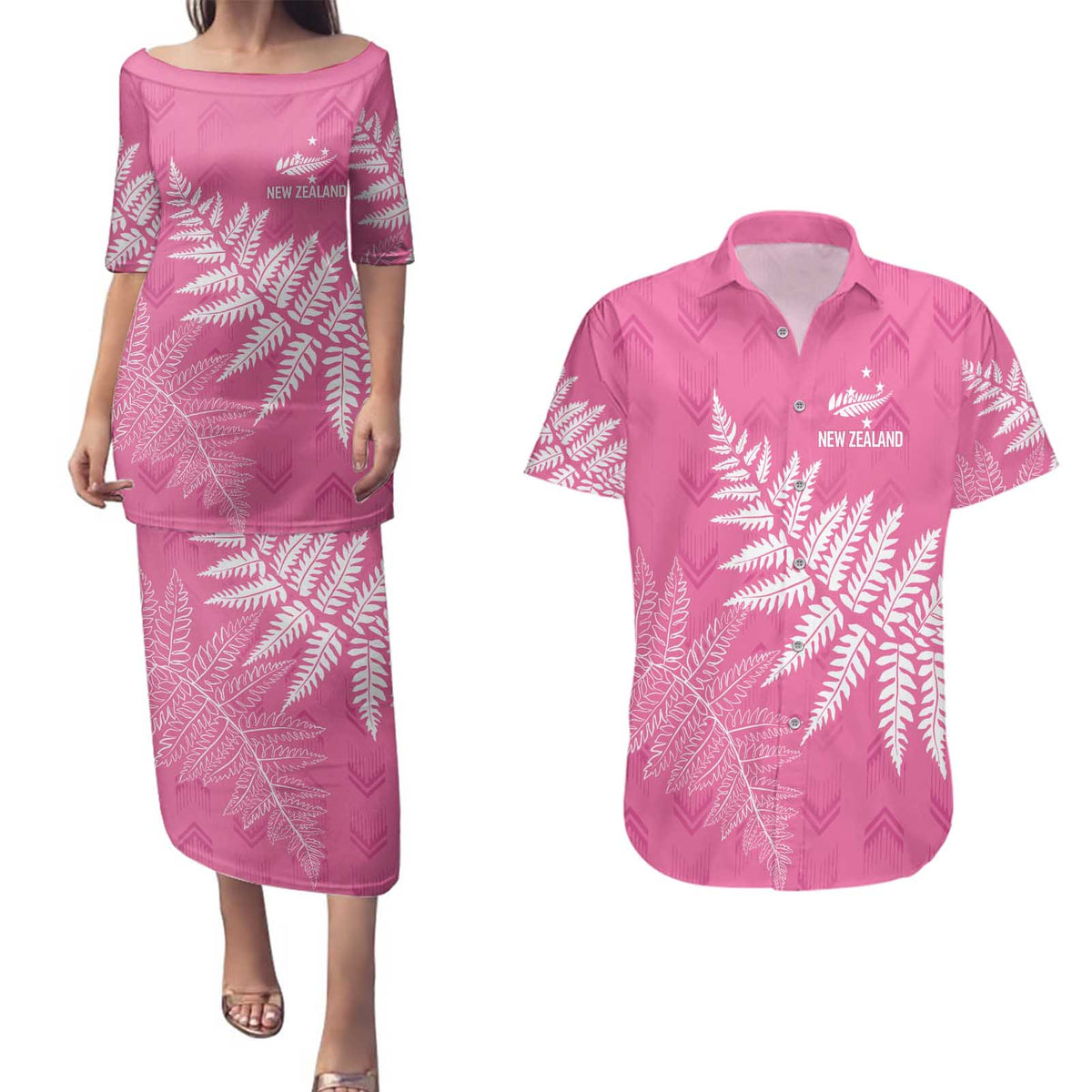 New Zealand Lawn Bowls Breast Cancer Personalized Couples Matching Puletasi and Hawaiian Shirt Wrap-Around Silver Fern - Polynesian Pride