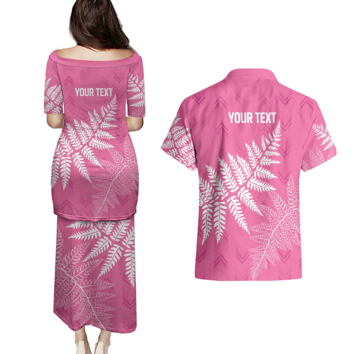 New Zealand Lawn Bowls Breast Cancer Personalized Couples Matching Puletasi and Hawaiian Shirt Wrap-Around Silver Fern - Polynesian Pride