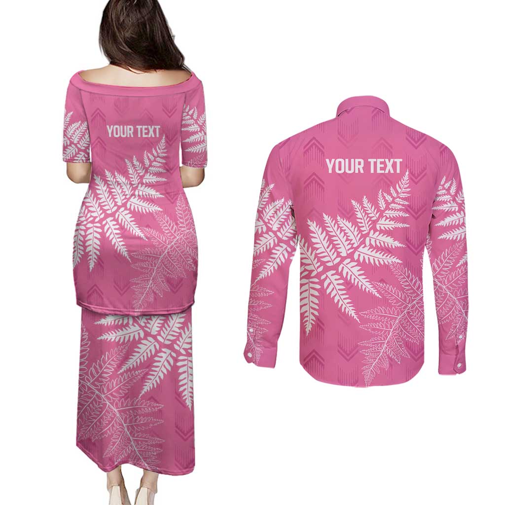 New Zealand Lawn Bowls Breast Cancer Personalized Couples Matching Puletasi and Long Sleeve Button Shirt Wrap-Around Silver Fern - Polynesian Pride