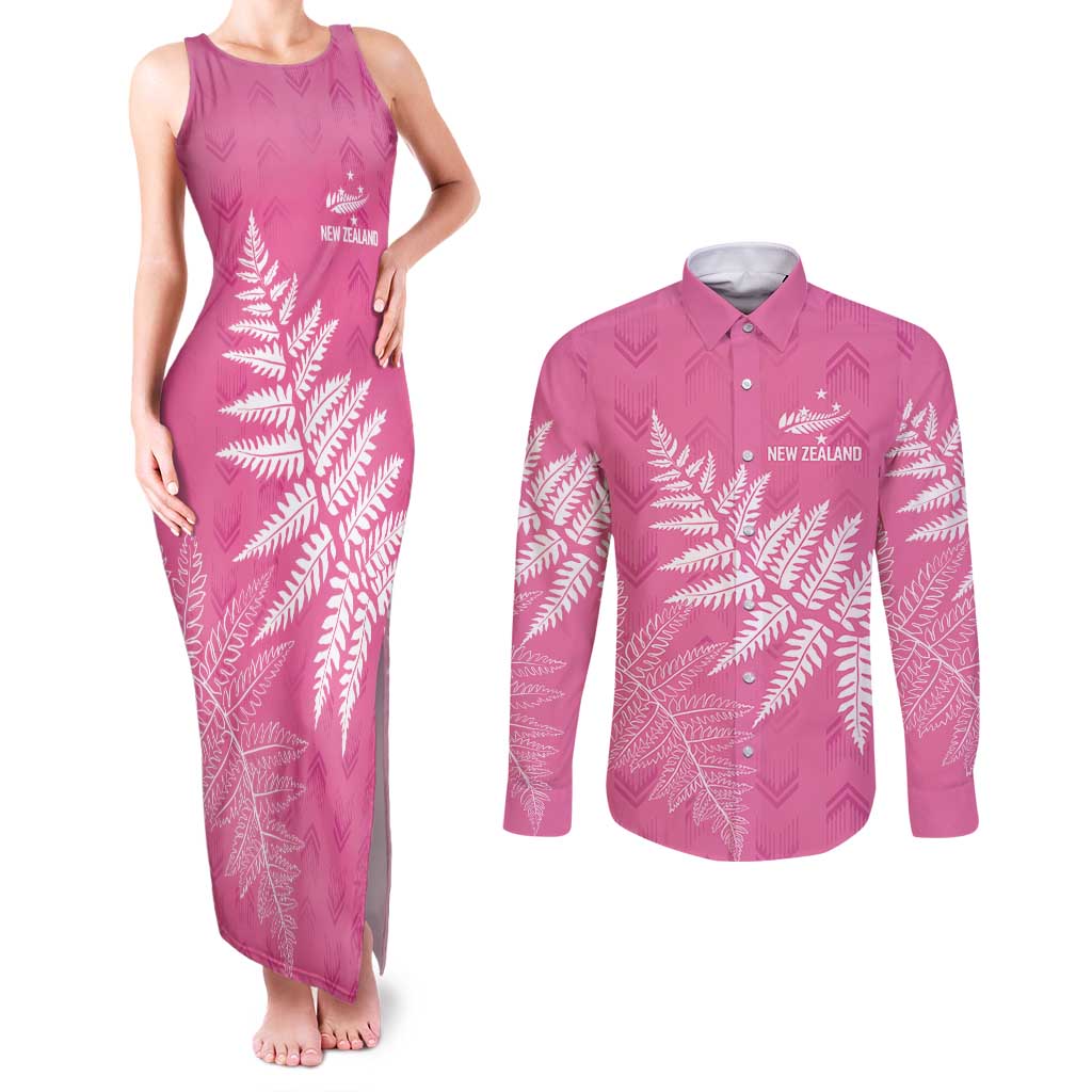 New Zealand Lawn Bowls Breast Cancer Personalized Couples Matching Tank Maxi Dress and Long Sleeve Button Shirt Wrap-Around Silver Fern - Polynesian Pride
