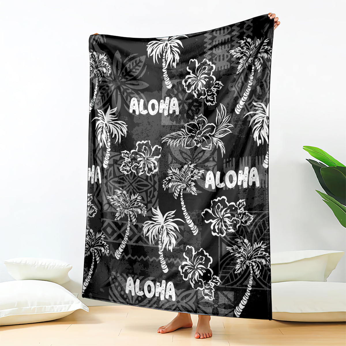 Aloha Vintage Quilt Blanket Hawaiian Seamless - Black LT7 Black - Polynesian Pride