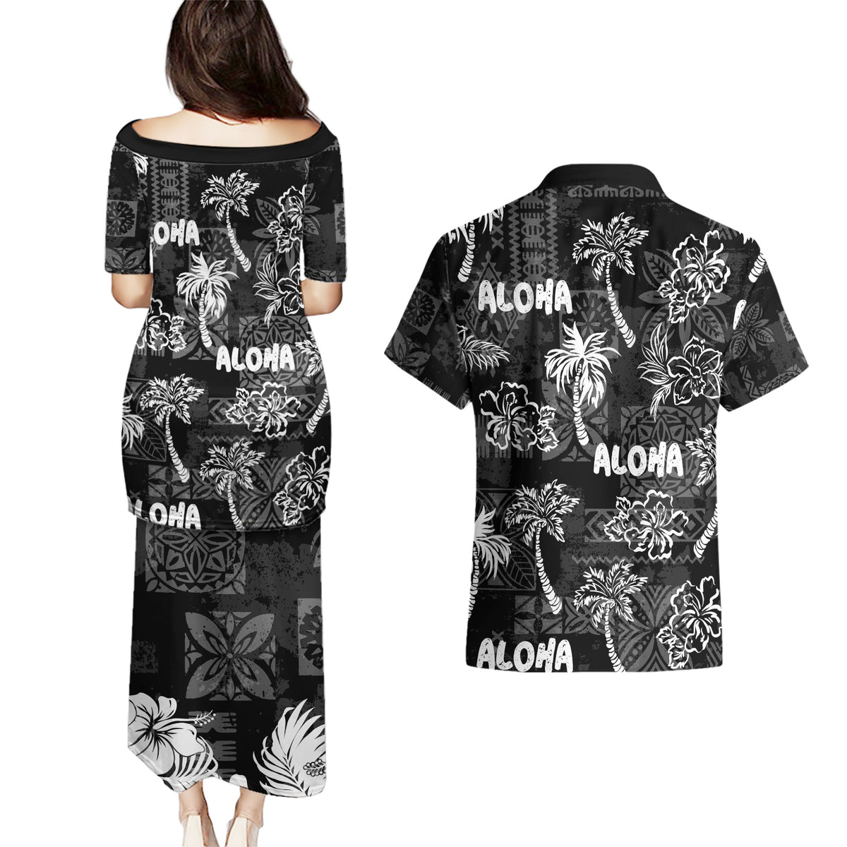 Aloha Vintage Quilt Couples Matching Puletasi Dress and Hawaiian Shirt Hawaiian Seamless - Black LT7 - Polynesian Pride