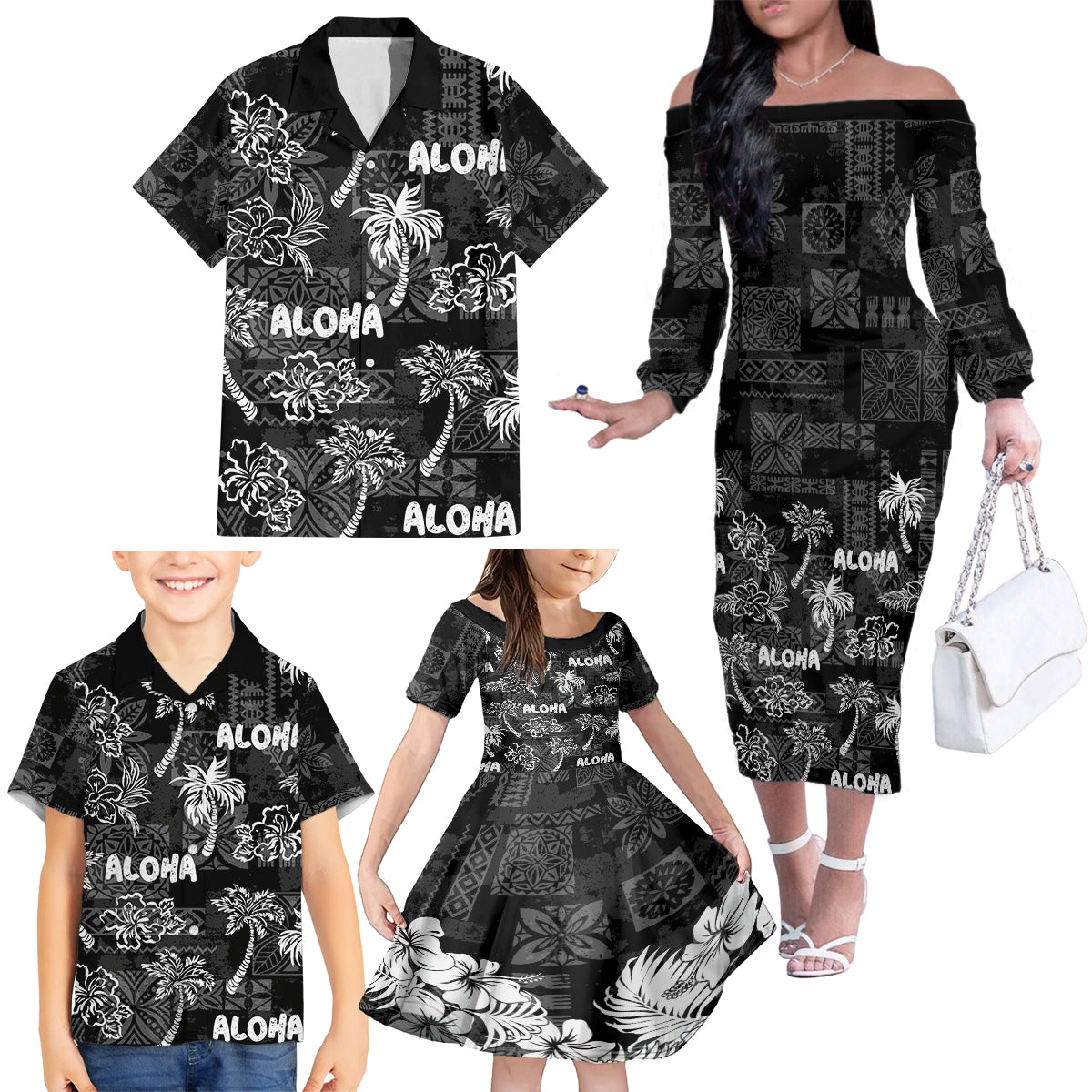 Aloha Vintage Quilt Family Matching Off Shoulder Long Sleeve Dress and Hawaiian Shirt Hawaiian Seamless - Black LT7 - Polynesian Pride