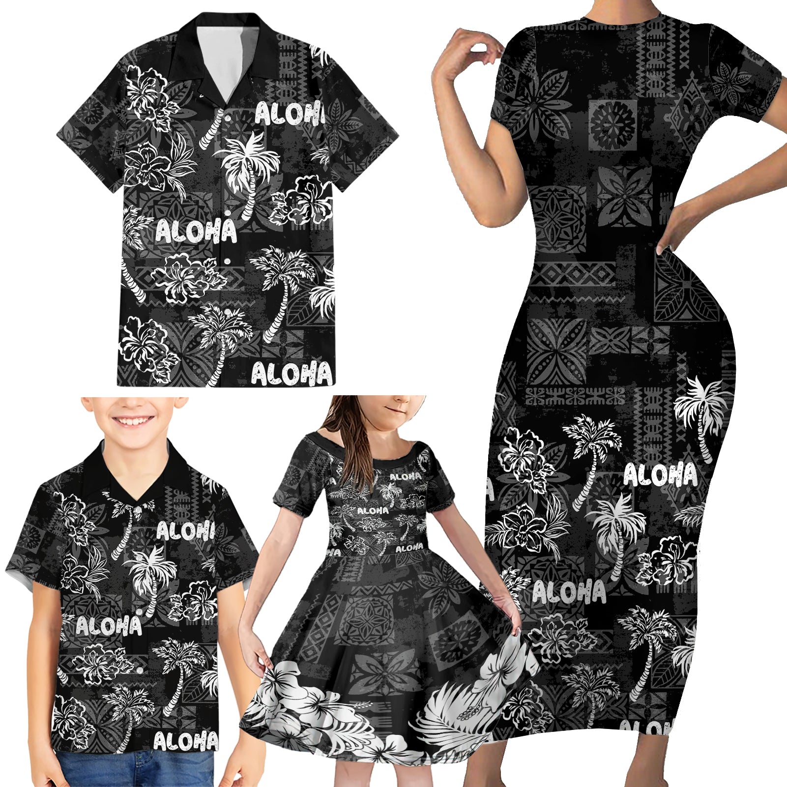 Aloha Vintage Quilt Family Matching Short Sleeve Bodycon Dress and Hawaiian Shirt Hawaiian Seamless - Black LT7 - Polynesian Pride