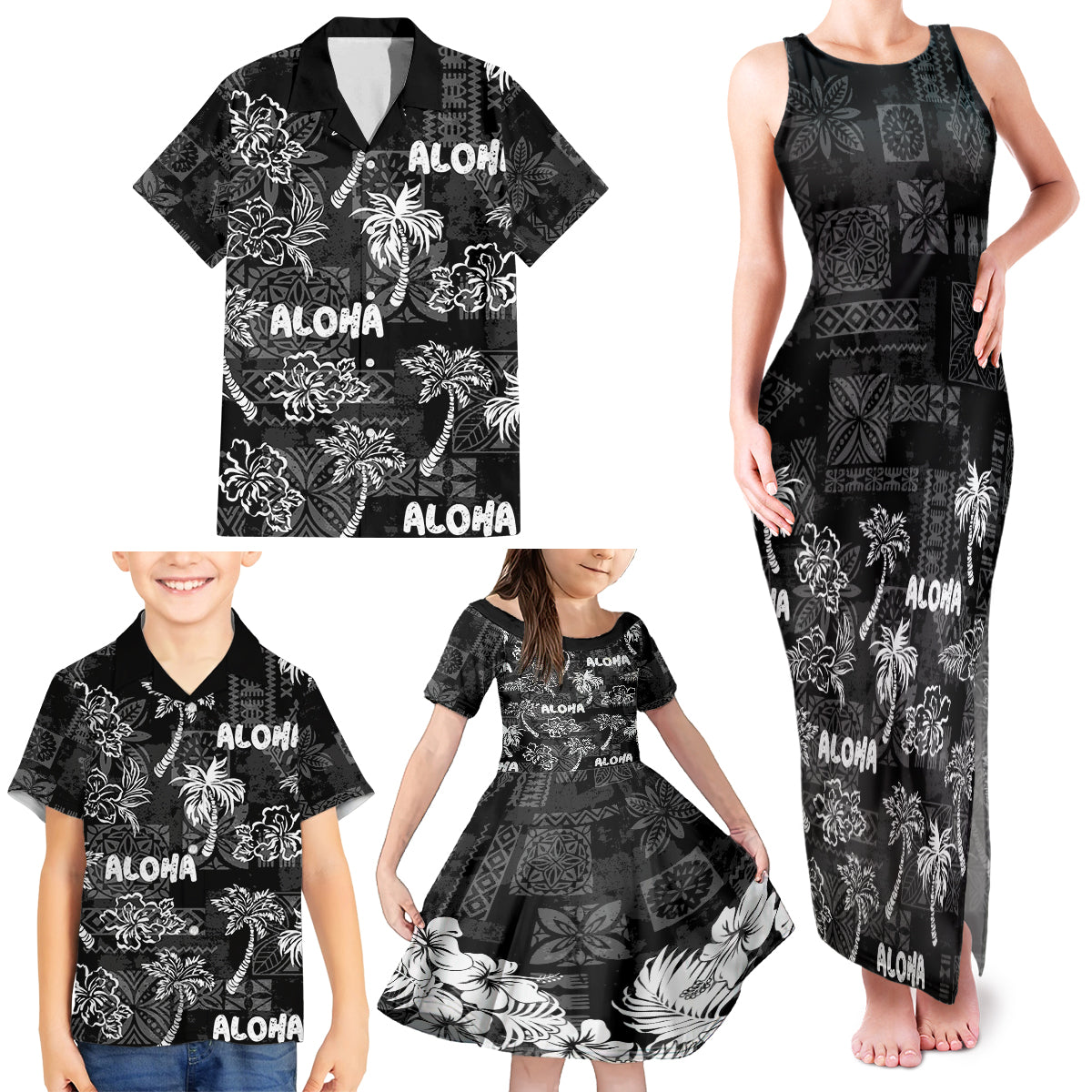 Aloha Vintage Quilt Family Matching Tank Maxi Dress and Hawaiian Shirt Hawaiian Seamless - Black LT7 - Polynesian Pride