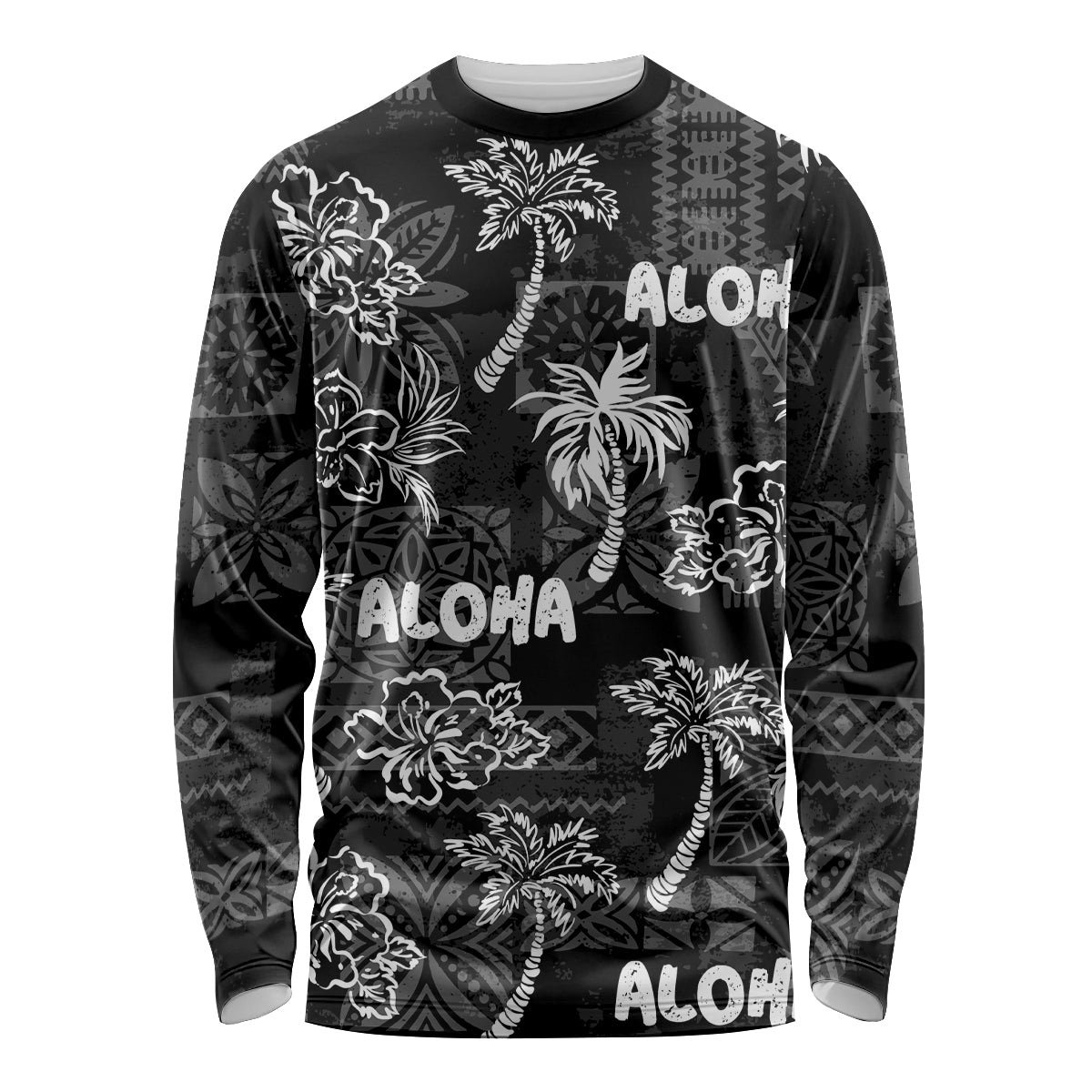 Aloha Vintage Quilt Long Sleeve Shirt Hawaiian Seamless - Black LT7 Unisex Black - Polynesian Pride