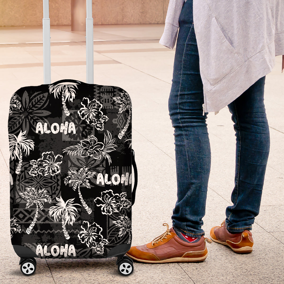 Aloha Vintage Quilt Luggage Cover Hawaiian Seamless - Black LT7 Black - Polynesian Pride