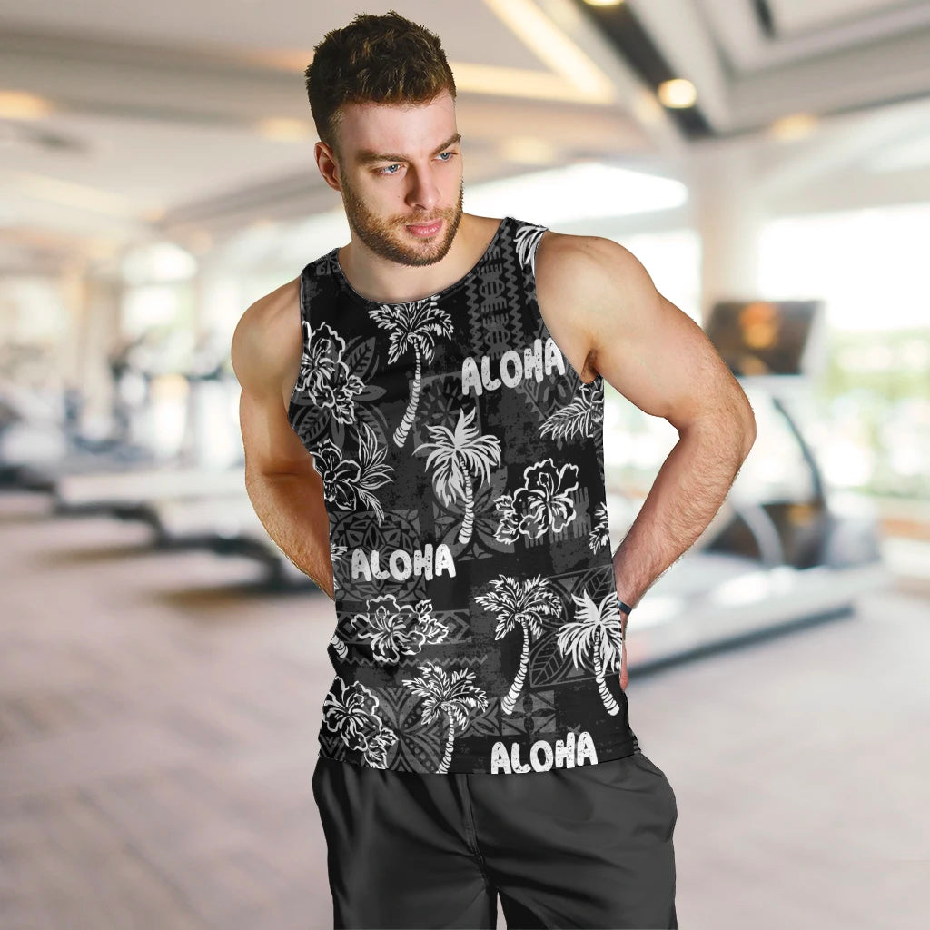 Aloha Vintage Quilt Men Tank Top Hawaiian Seamless - Black LT7 Black - Polynesian Pride