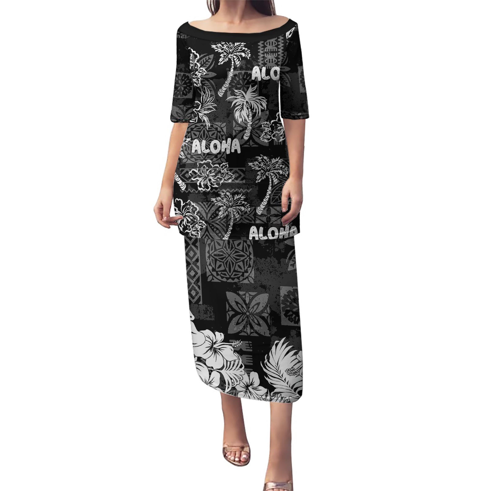 Aloha Vintage Quilt Puletasi Hawaiian Seamless - Black LT7 Long Dress Black - Polynesian Pride