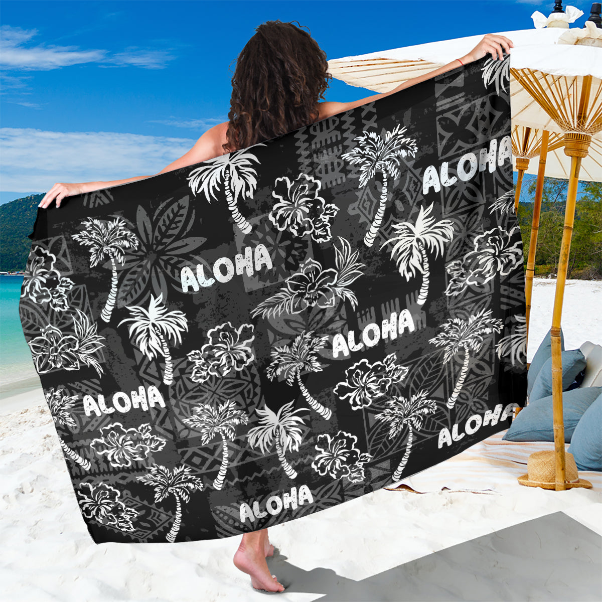 Aloha Vintage Quilt Sarong Hawaiian Seamless - Black LT7 One Size 44 x 66 inches Black - Polynesian Pride