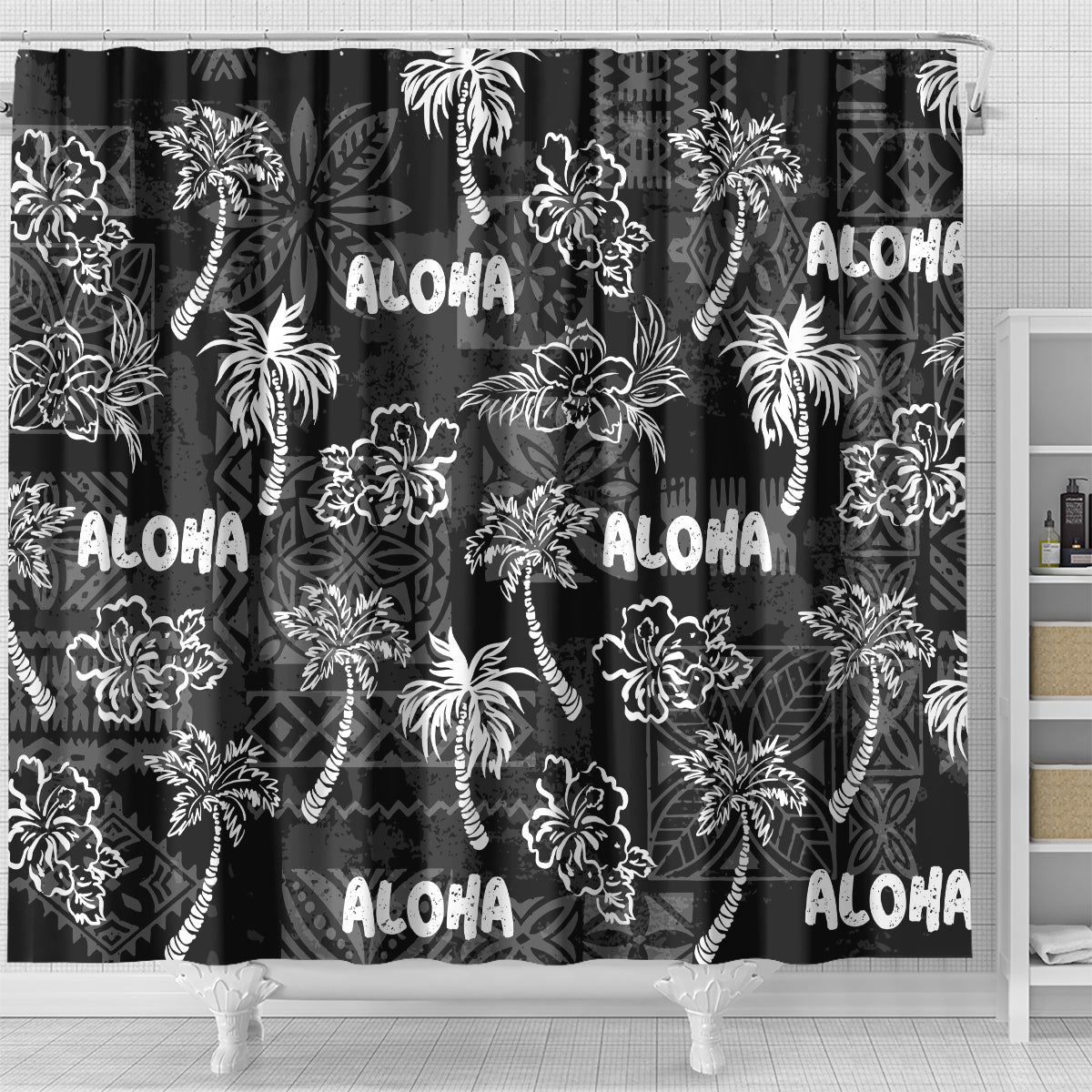 Aloha Vintage Quilt Shower Curtain Hawaiian Seamless - Black LT7 - Polynesian Pride
