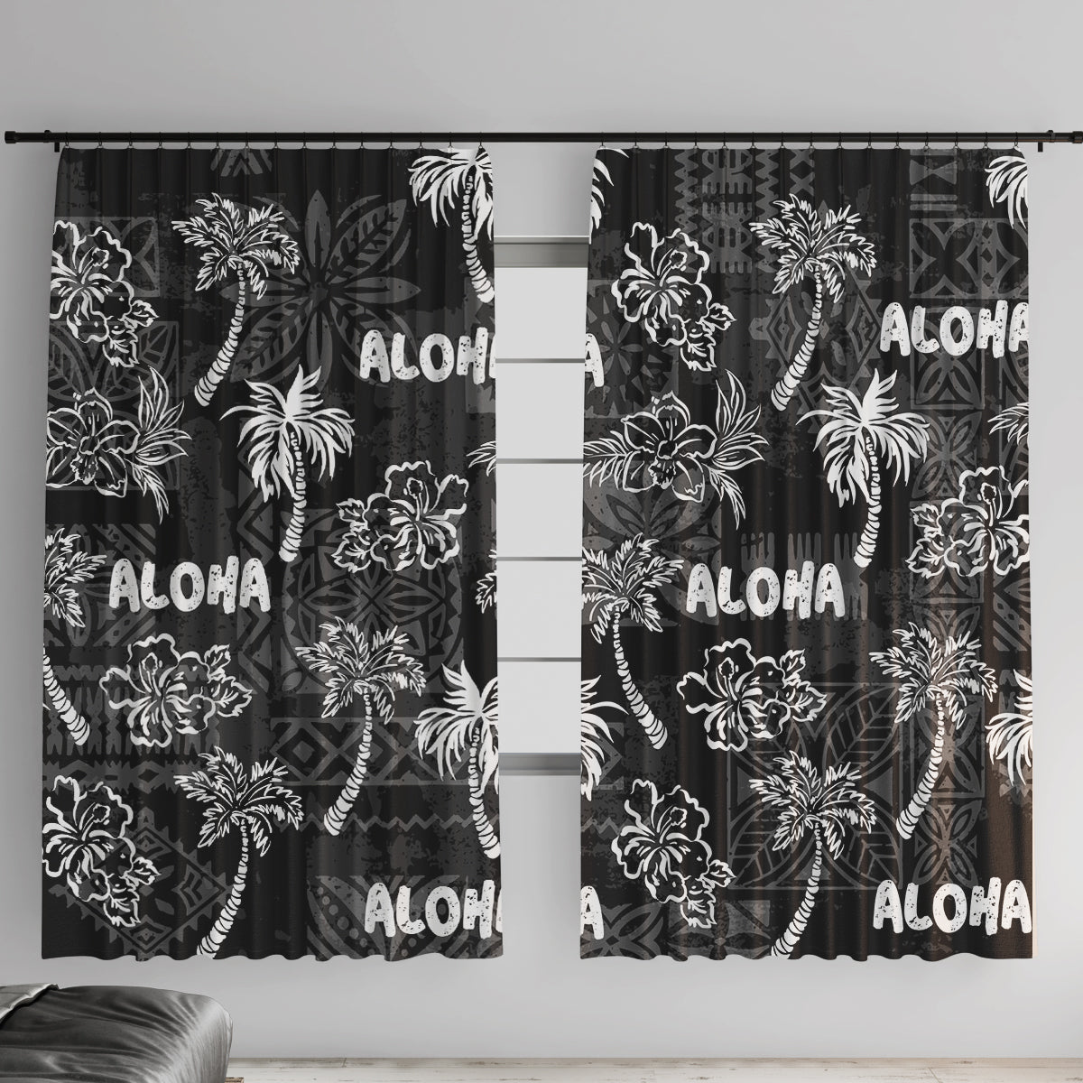 Aloha Vintage Quilt Window Curtain Hawaiian Seamless - Black LT7 With Hooks Black - Polynesian Pride