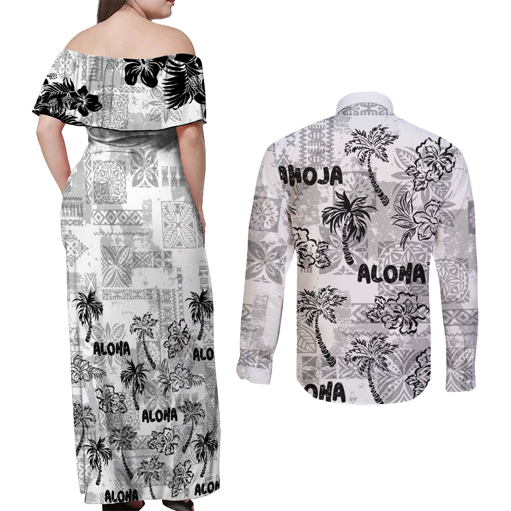 Aloha Vintage Quilt Couples Matching Off Shoulder Maxi Dress and Long Sleeve Button Shirt Hawaiian Seamless - White LT7 - Polynesian Pride