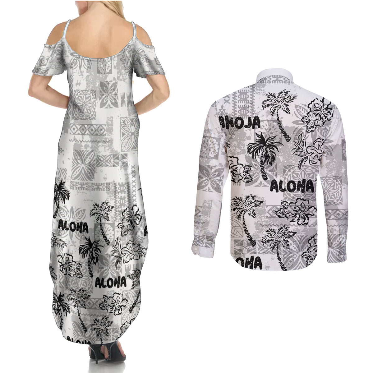Aloha Vintage Quilt Couples Matching Summer Maxi Dress and Long Sleeve Button Shirt Hawaiian Seamless - White LT7 - Polynesian Pride
