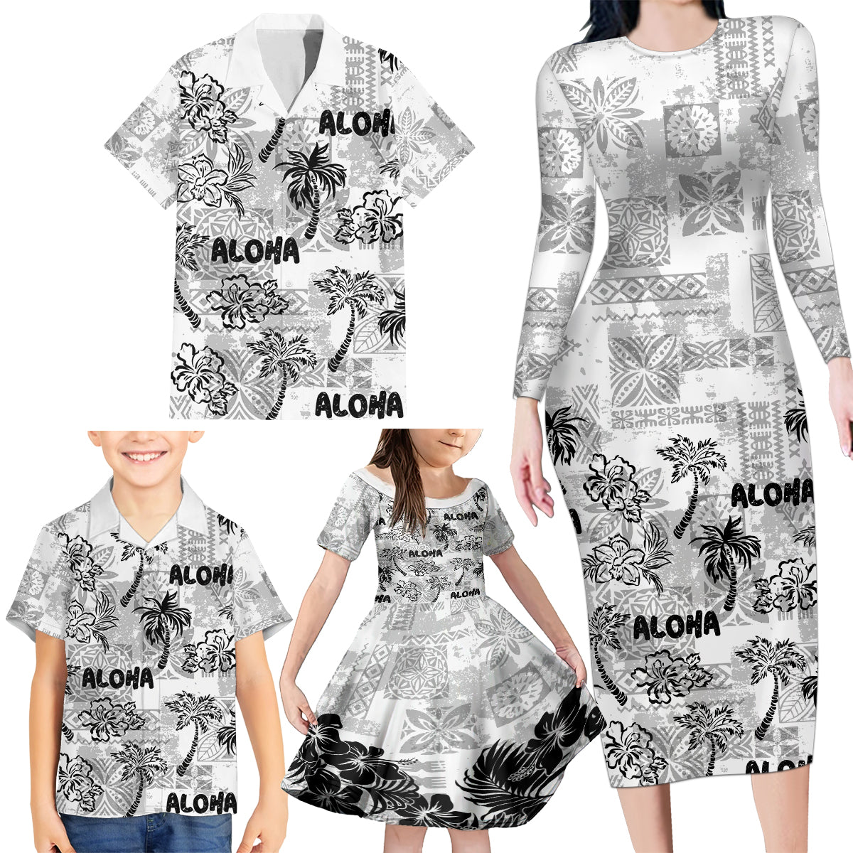 Aloha Vintage Quilt Family Matching Long Sleeve Bodycon Dress and Hawaiian Shirt Hawaiian Seamless - White LT7 - Polynesian Pride