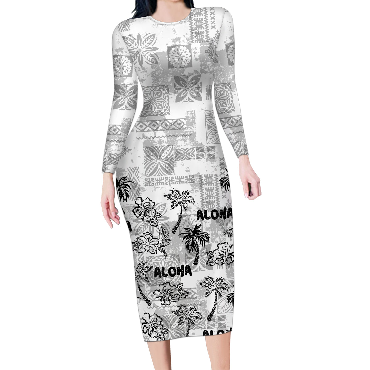 Aloha Vintage Quilt Family Matching Long Sleeve Bodycon Dress and Hawaiian Shirt Hawaiian Seamless - White LT7 Mom's Dress White - Polynesian Pride