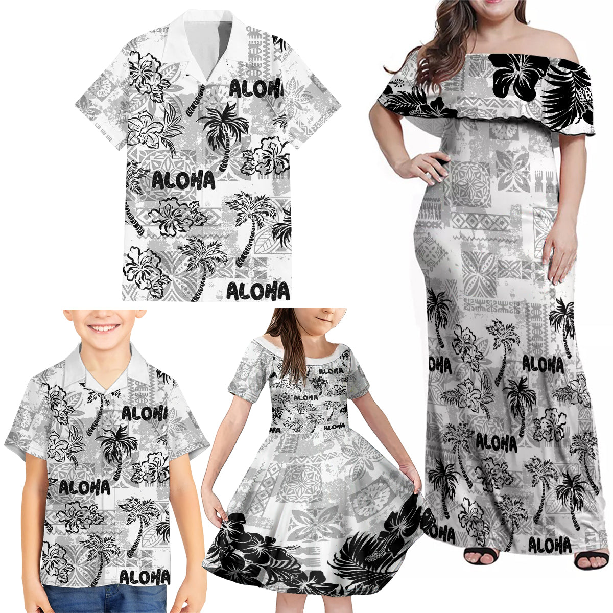 Aloha Vintage Quilt Family Matching Off Shoulder Maxi Dress and Hawaiian Shirt Hawaiian Seamless - White LT7 - Polynesian Pride