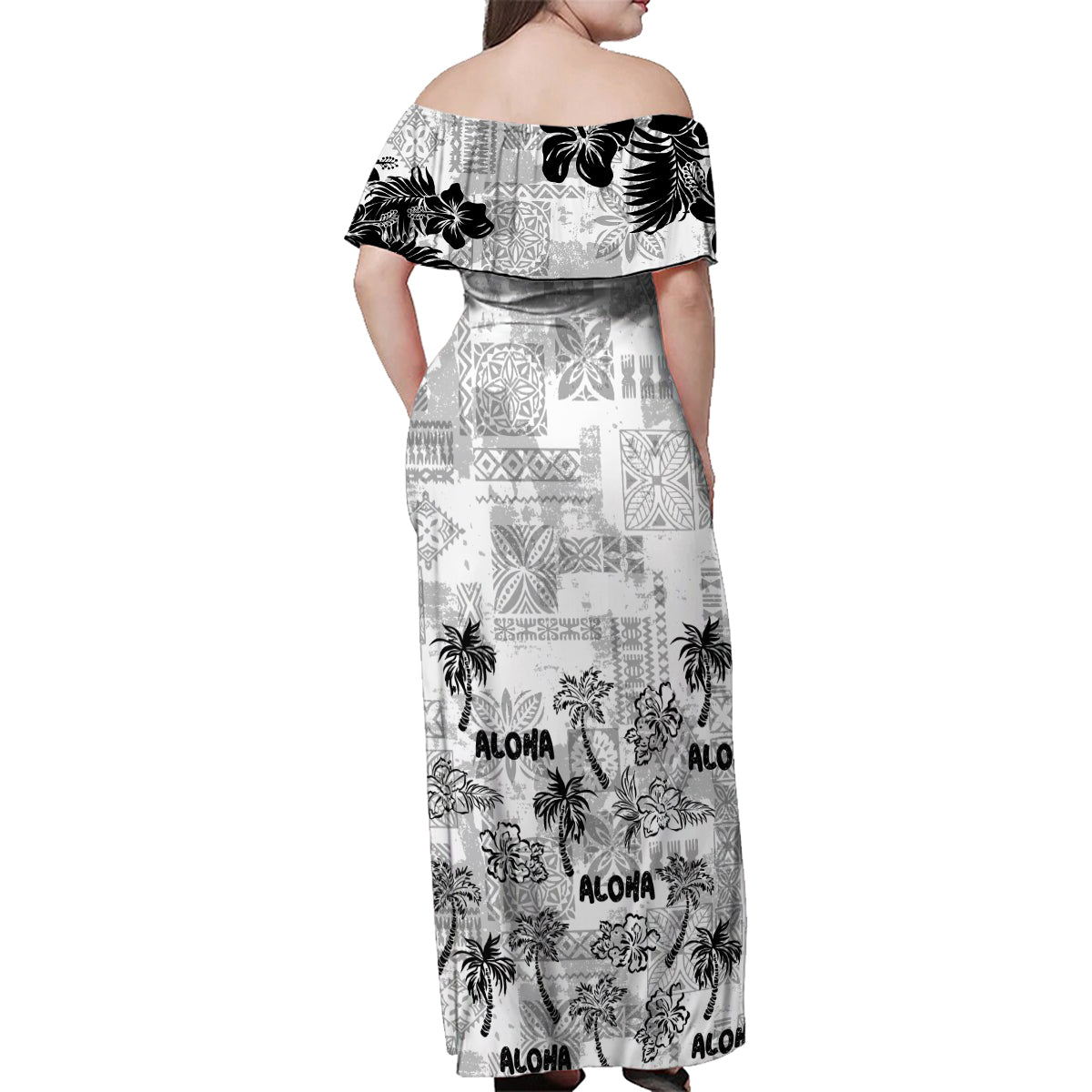 Aloha Vintage Quilt Family Matching Off Shoulder Maxi Dress and Hawaiian Shirt Hawaiian Seamless - White LT7 - Polynesian Pride