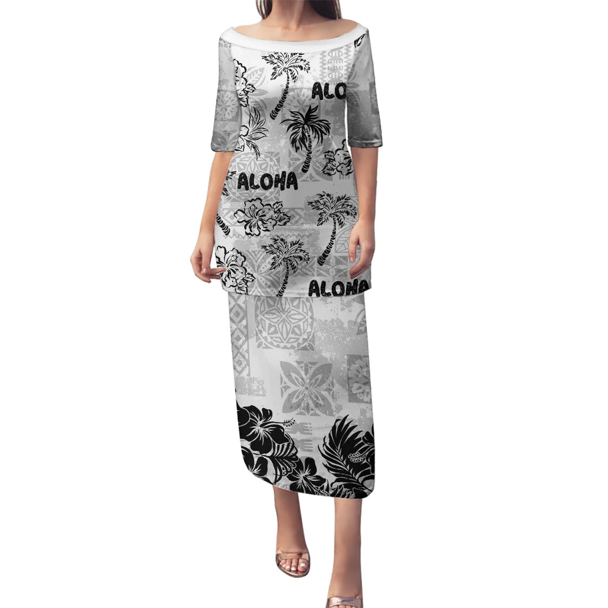 Aloha Vintage Quilt Family Matching Puletasi Dress and Hawaiian Shirt Hawaiian Seamless - White LT7 Mom's Dress White - Polynesian Pride