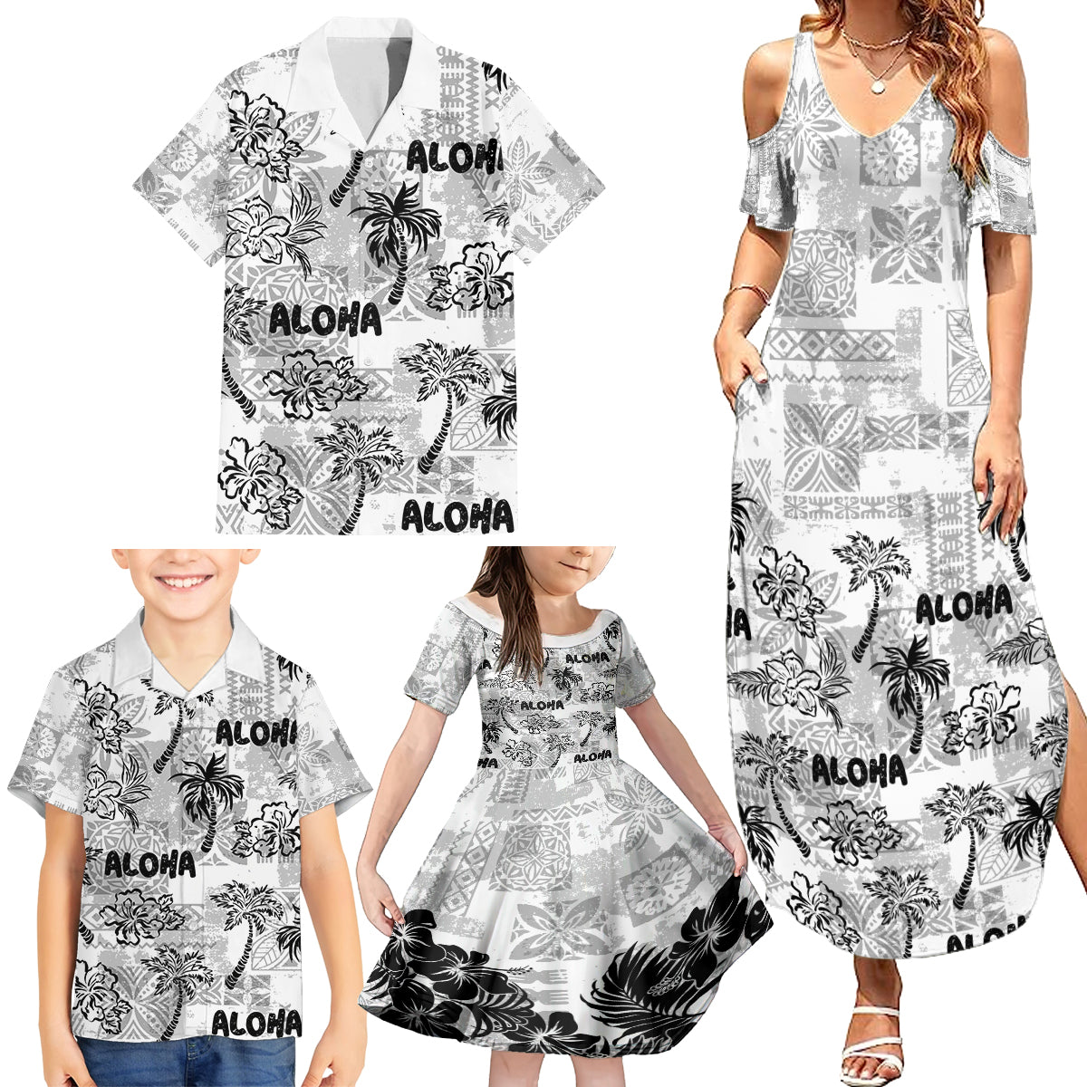 Aloha Vintage Quilt Family Matching Summer Maxi Dress and Hawaiian Shirt Hawaiian Seamless - White LT7 - Polynesian Pride