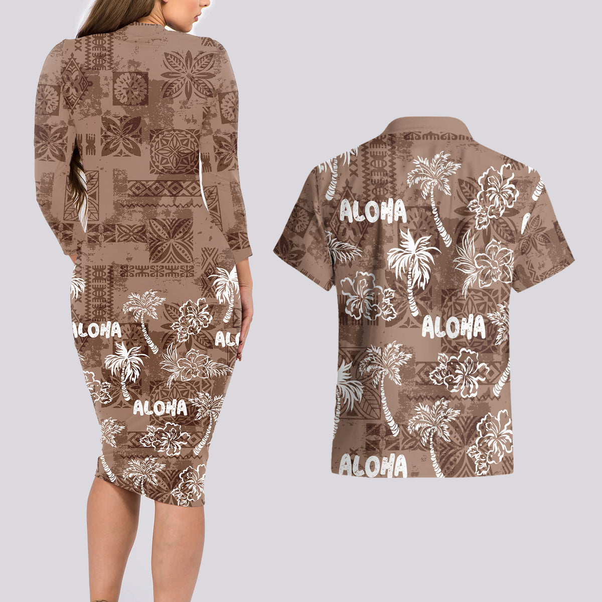 Aloha Vintage Quilt Couples Matching Long Sleeve Bodycon Dress and Hawaiian Shirt Hawaiian Seamless - Brown LT7 - Polynesian Pride