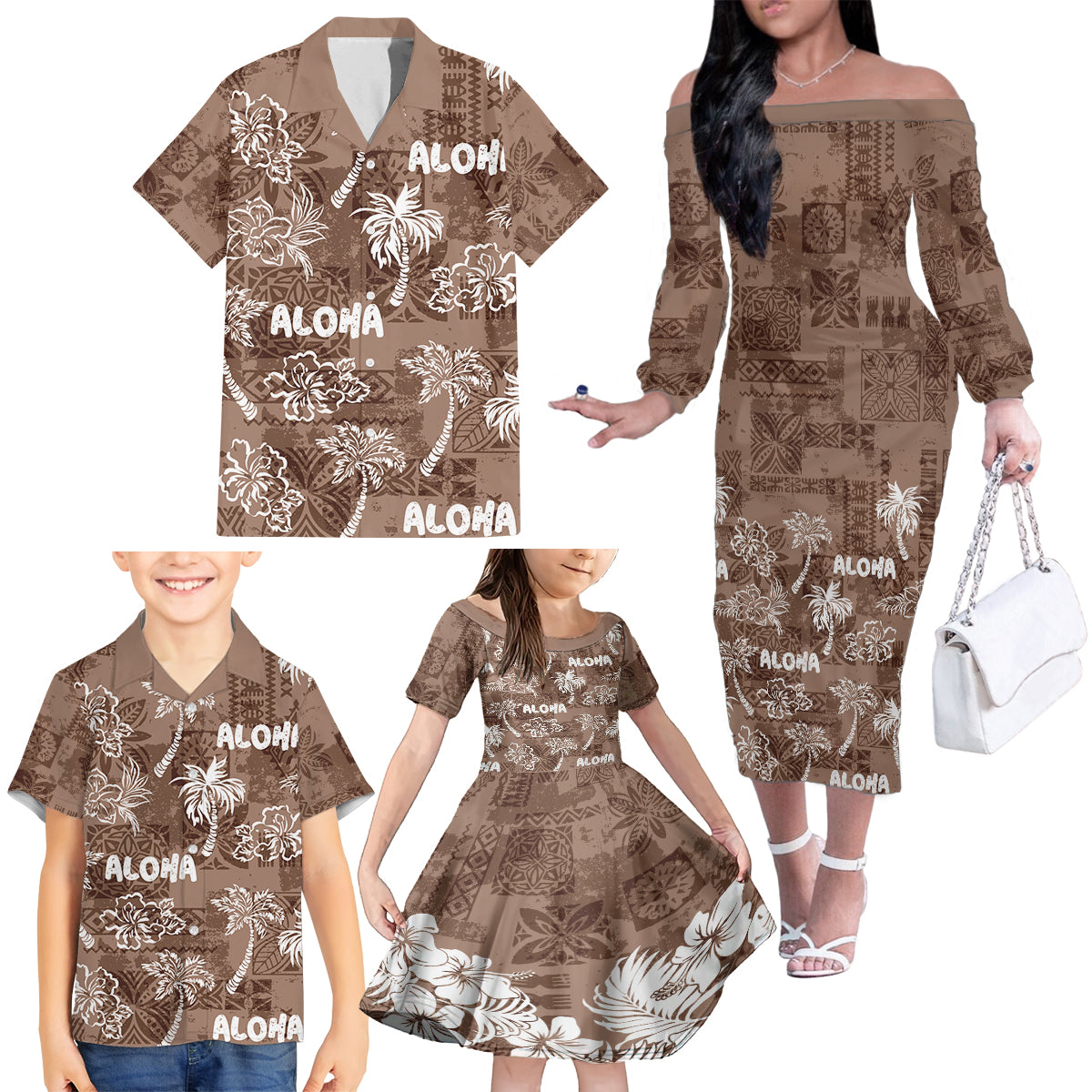 Aloha Vintage Quilt Family Matching Off Shoulder Long Sleeve Dress and Hawaiian Shirt Hawaiian Seamless - Brown LT7 - Polynesian Pride