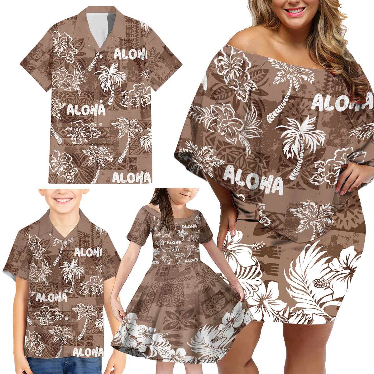 Aloha Vintage Quilt Family Matching Off Shoulder Short Dress and Hawaiian Shirt Hawaiian Seamless - Brown LT7 - Polynesian Pride