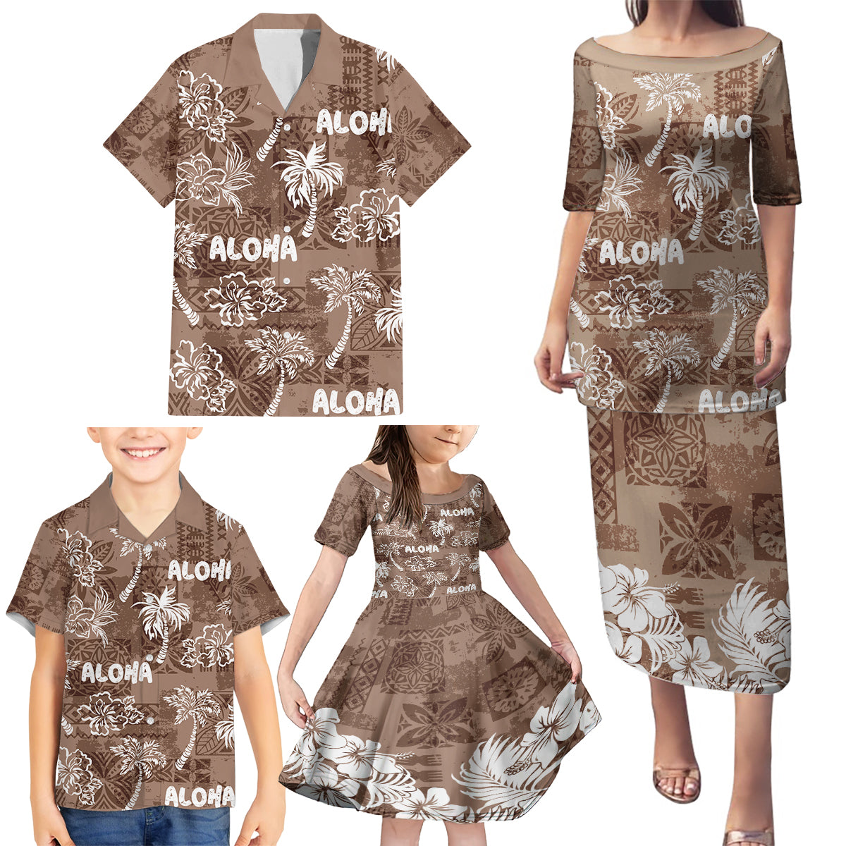 Aloha Vintage Quilt Family Matching Puletasi Dress and Hawaiian Shirt Hawaiian Seamless - Brown LT7 - Polynesian Pride