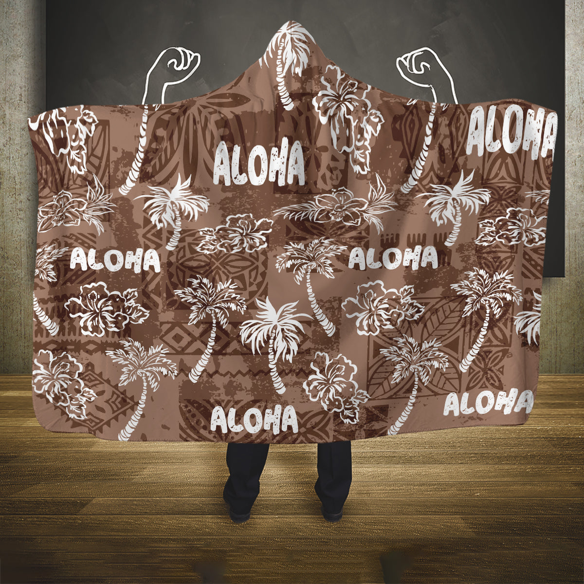 Aloha Vintage Quilt Hooded Blanket Hawaiian Seamless - Brown LT7 One Size Brown - Polynesian Pride