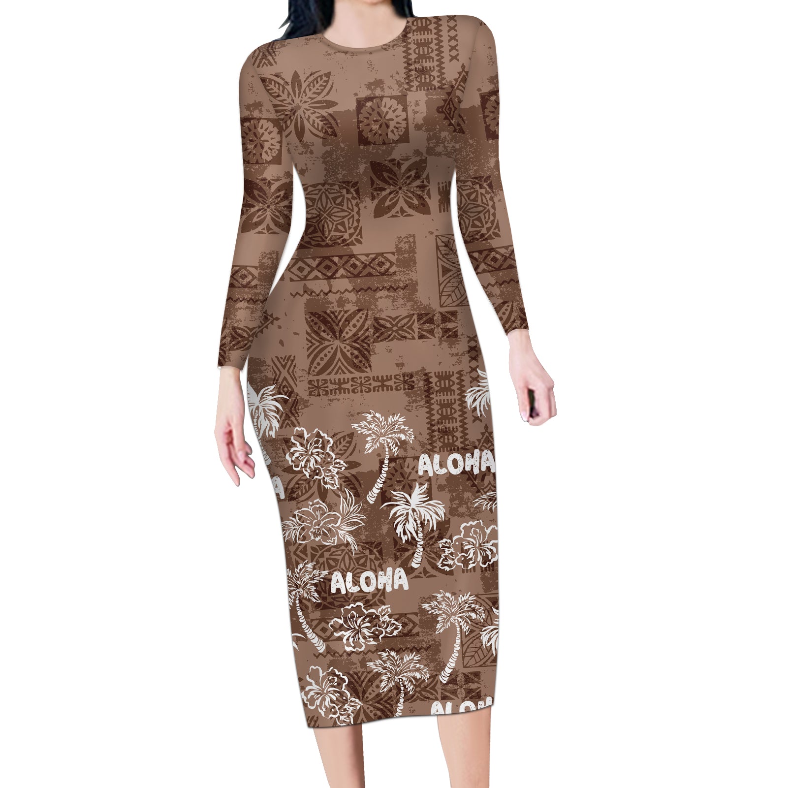 Aloha Vintage Quilt Long Sleeve Bodycon Dress Hawaiian Seamless - Brown LT7 Long Dress Brown - Polynesian Pride