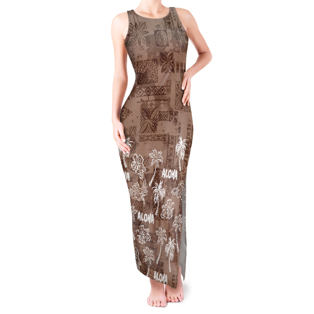 Aloha Vintage Quilt Tank Maxi Dress Hawaiian Seamless - Brown LT7 Women Brown - Polynesian Pride