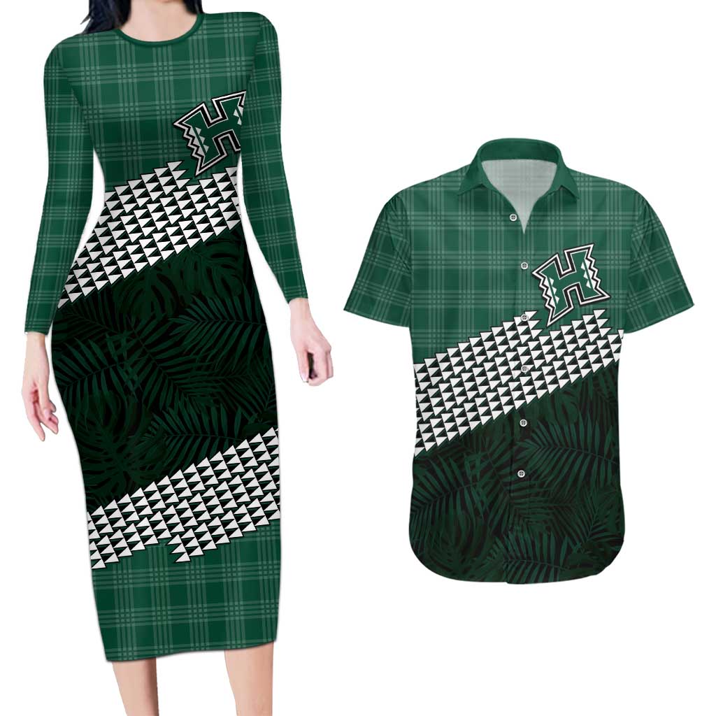 Rainbow Warriors Hawaii Personalized Palaka Couples Matching Long Sleeve Bodycon Dress and Hawaiian Shirt LT7 Green - Polynesian Pride