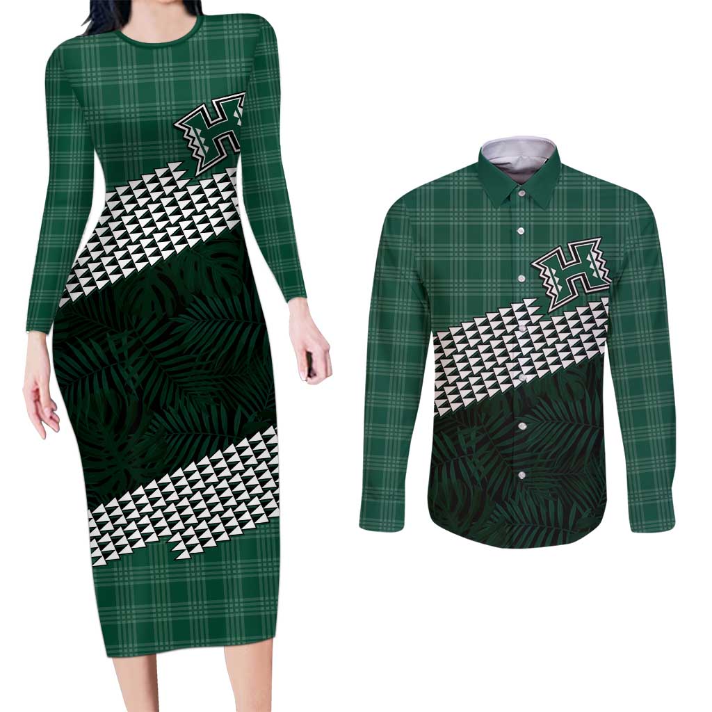 Rainbow Warriors Hawaii Personalized Palaka Couples Matching Long Sleeve Bodycon Dress and Long Sleeve Button Shirt LT7 Green - Polynesian Pride