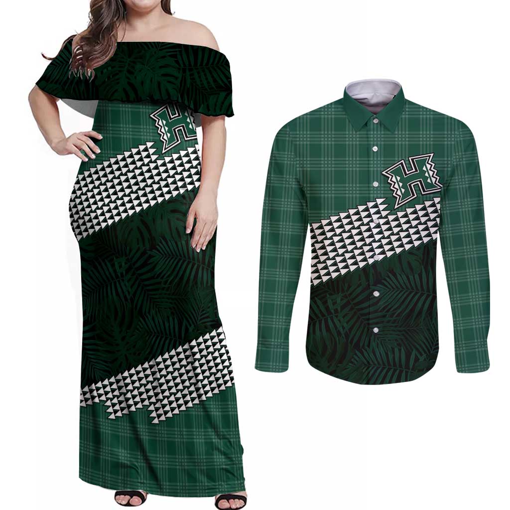 Rainbow Warriors Hawaii Personalized Palaka Couples Matching Off Shoulder Maxi Dress and Long Sleeve Button Shirt LT7 Green - Polynesian Pride