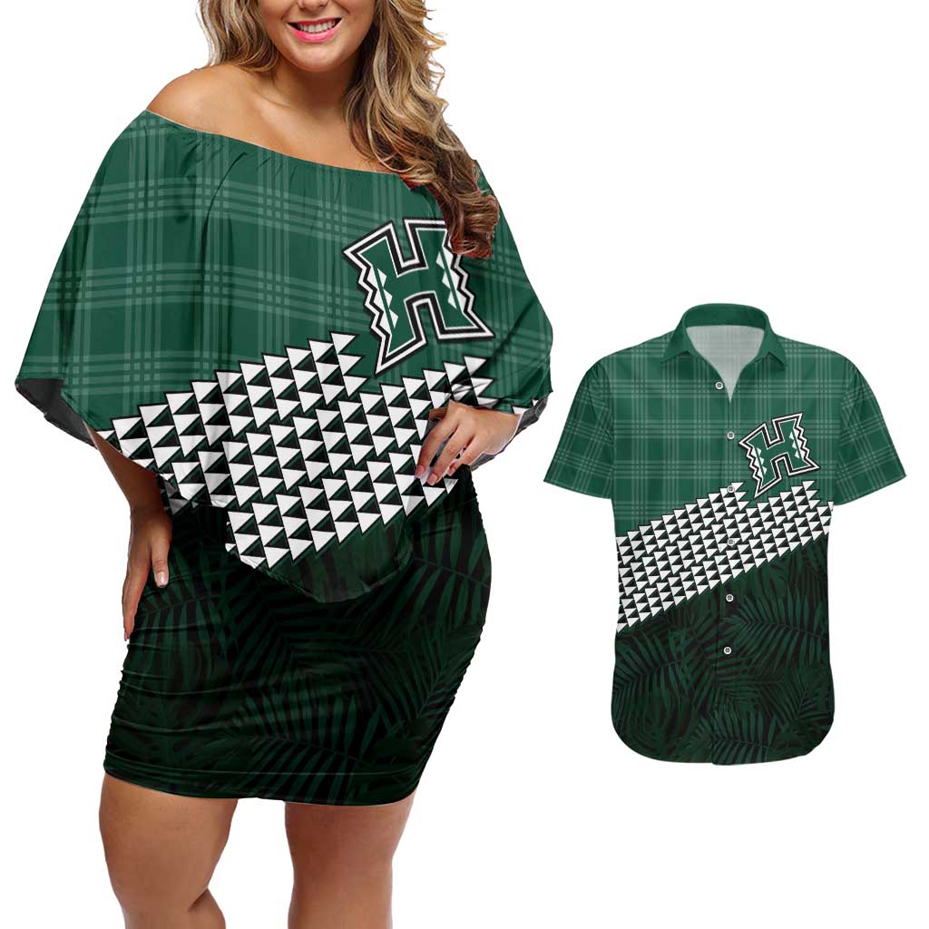 Rainbow Warriors Hawaii Personalized Palaka Couples Matching Off Shoulder Short Dress and Hawaiian Shirt LT7 Green - Polynesian Pride