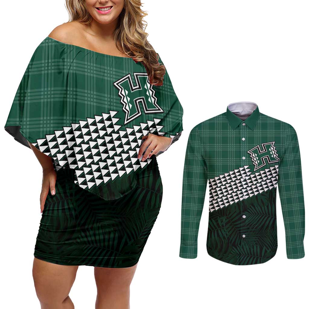 Rainbow Warriors Hawaii Personalized Palaka Couples Matching Off Shoulder Short Dress and Long Sleeve Button Shirt LT7 Green - Polynesian Pride