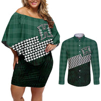 Rainbow Warriors Hawaii Personalized Palaka Couples Matching Off Shoulder Short Dress and Long Sleeve Button Shirt LT7 Green - Polynesian Pride